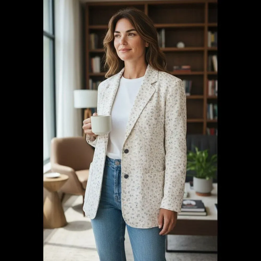 Liz Claiborne Woman Light Cream Blue Print Floral Blazer Jacket